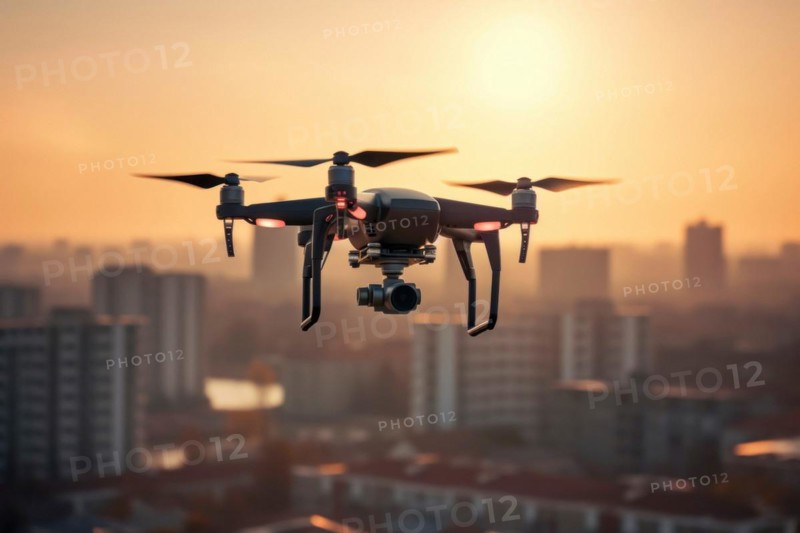 DJI drone flying over a city in evening light