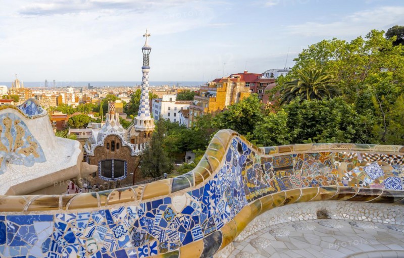 Benches with colourful mosaic