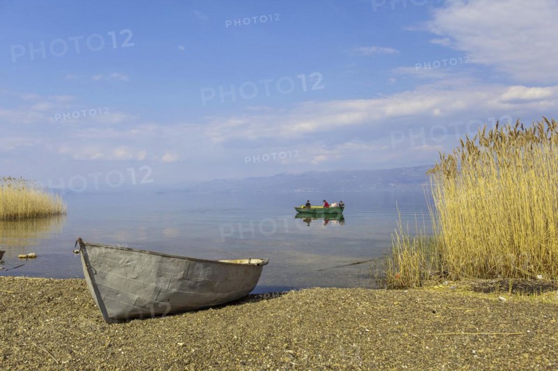 Lake Ohrid near Piskupat with rowing boat and reeds