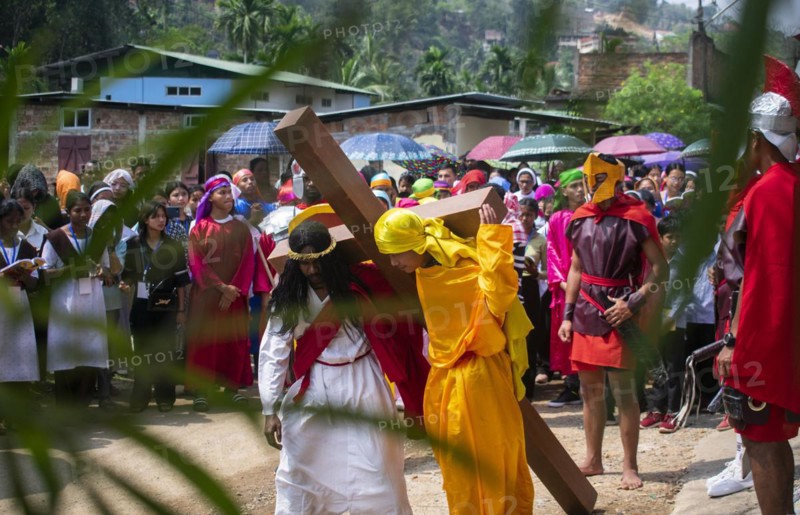 Christian devotees during the annual Good Friday procession to re-enact the crucifixion of Jesus Christ on April 7