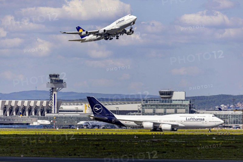 Boeing 747-400 of the airline Lufthansa during take-off at Fraport Airport