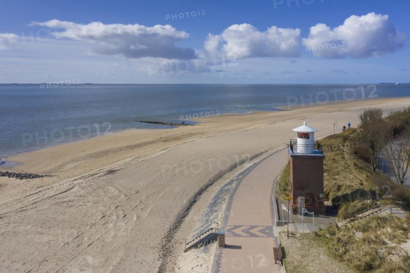 Aerial view over sandy beach and Olhoern Lighthouse at Wyk auf Foehr on the island Foehr in the Wadden Sea