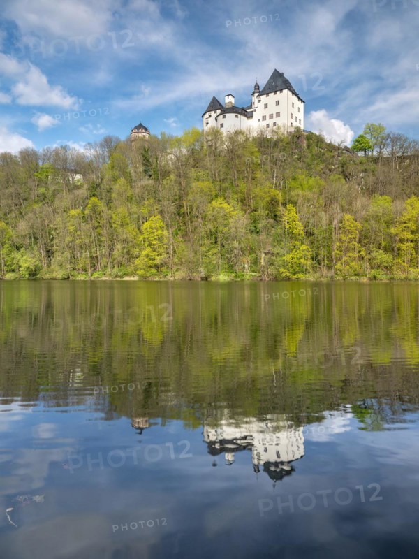 Burgk Castle reflected in the river Saale in spring
