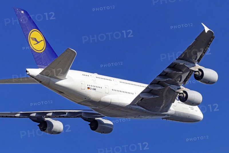 Airbus A380-800 of the airline Lufthansa taking off at Fraport Airport