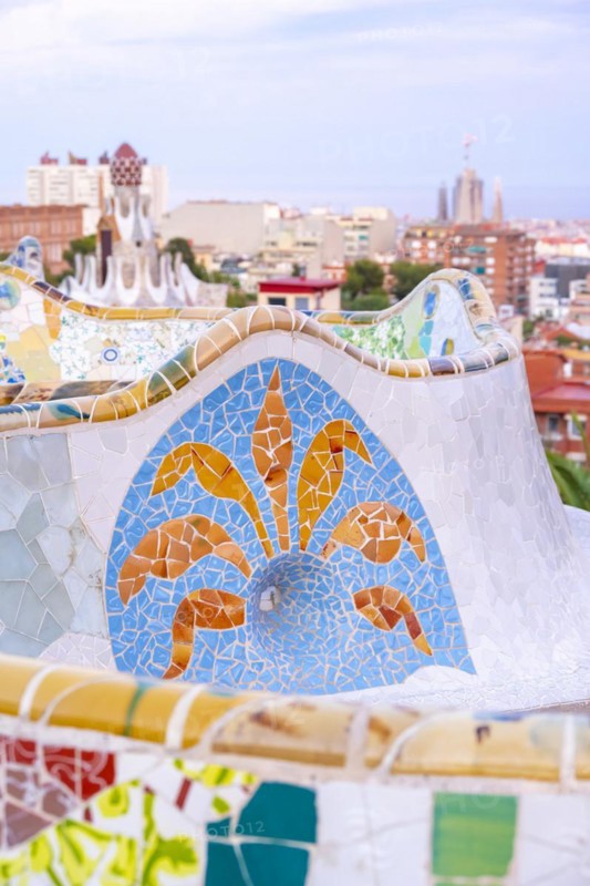 Benches with colourful mosaic