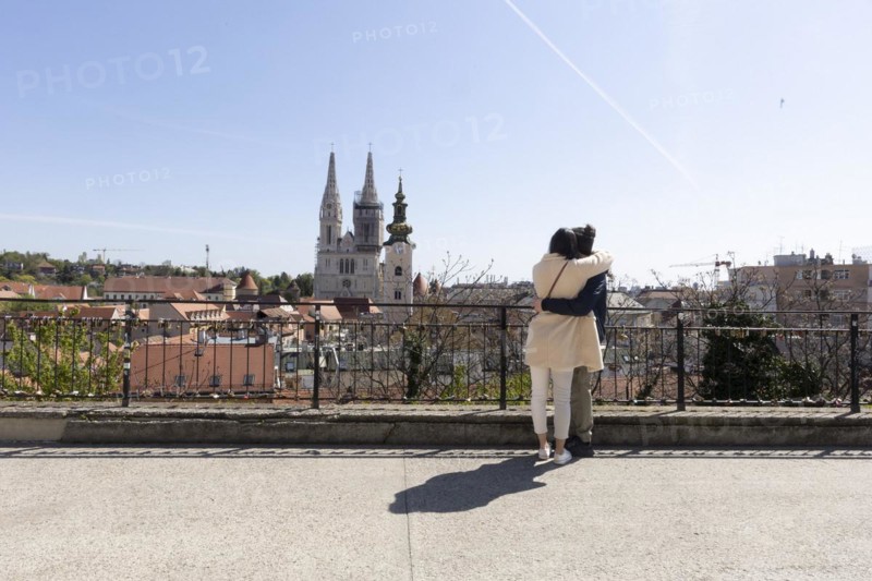 Two lovers look at the city of Zagreb