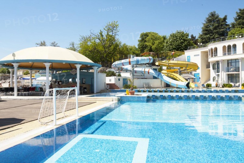 Swimming pool and aqua park on the sea beach of Azalia hotel