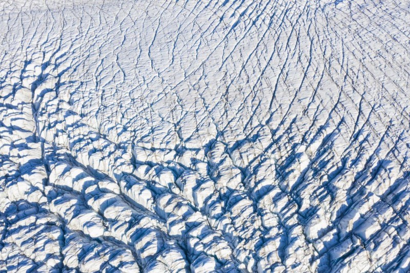 Aerial view over seracs and crevasses on Recherchebreen