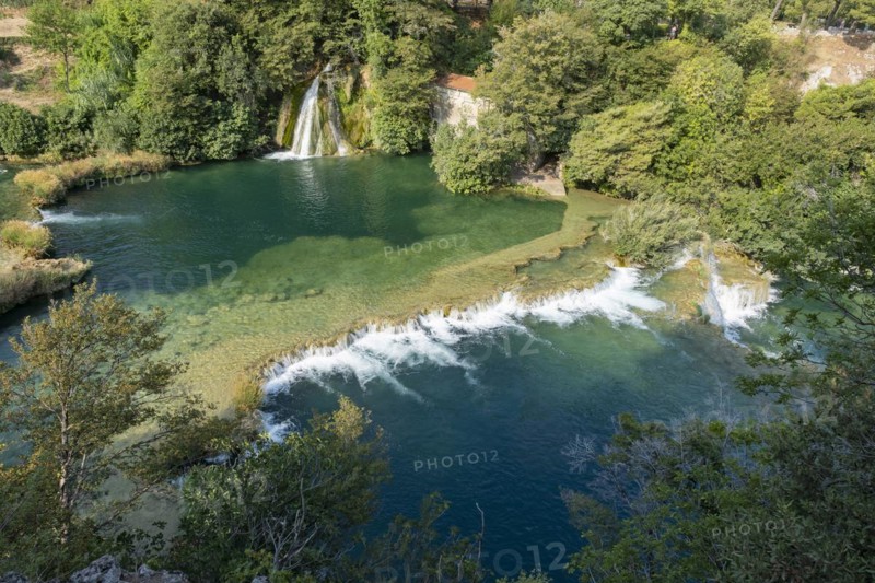 Aerial view over cascades in Skradinski buk at the Krka National Park in summer near