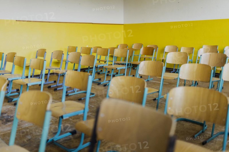Chairs standing in a classroom of the old primary school in Trinwillershagen