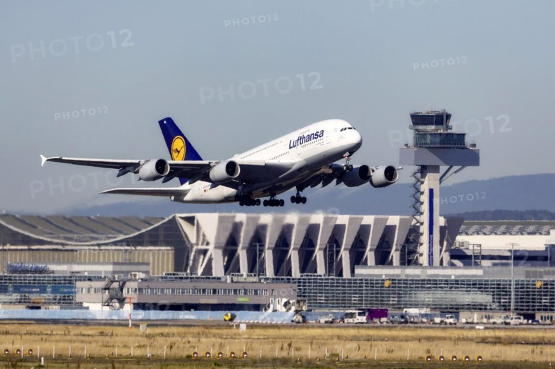 Airbus A380-800 of the airline Lufthansa taking off at Fraport Airport