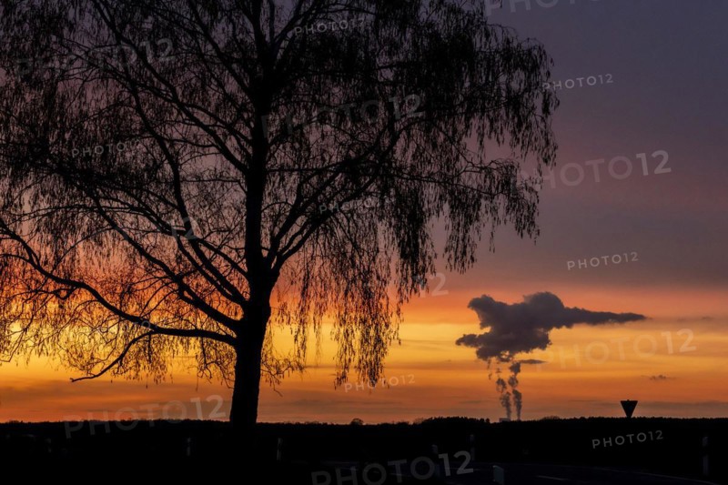 The Schwarze Pumpe coal-fired power plant looms in the evening twilight near Ober-Prauske