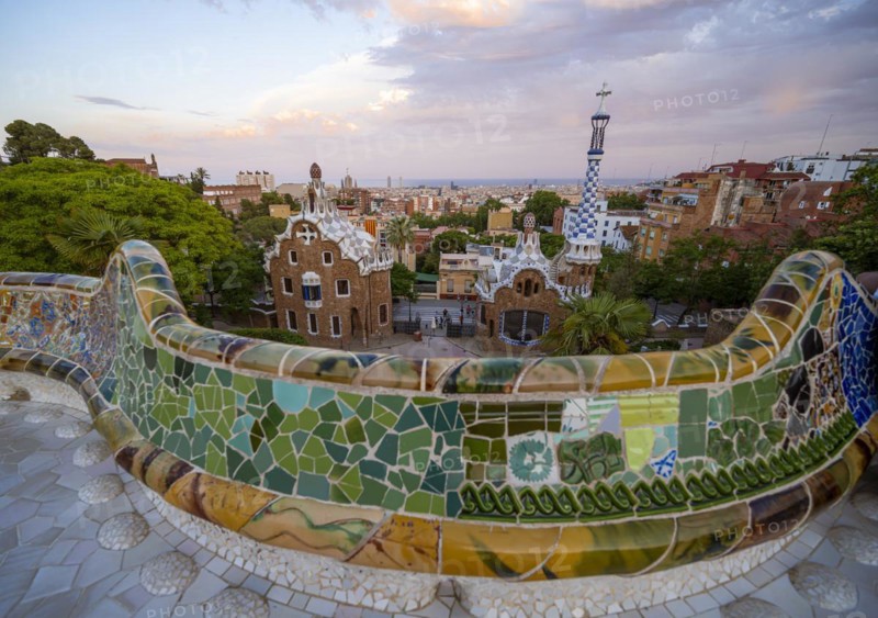Benches with colourful mosaic