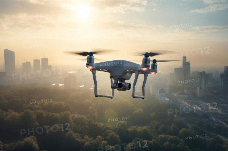 DJI Phantom 4 drone in flight over a city