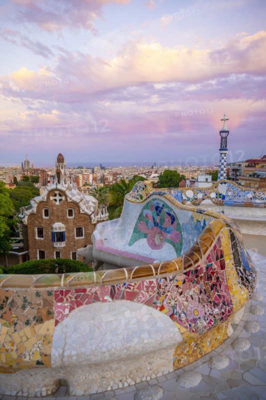 Benches with colourful mosaic