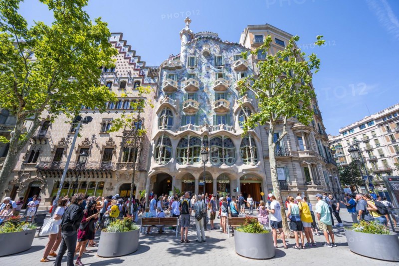 Facade of Casa Batllo by Antoni Gaudi and Casa Amatller