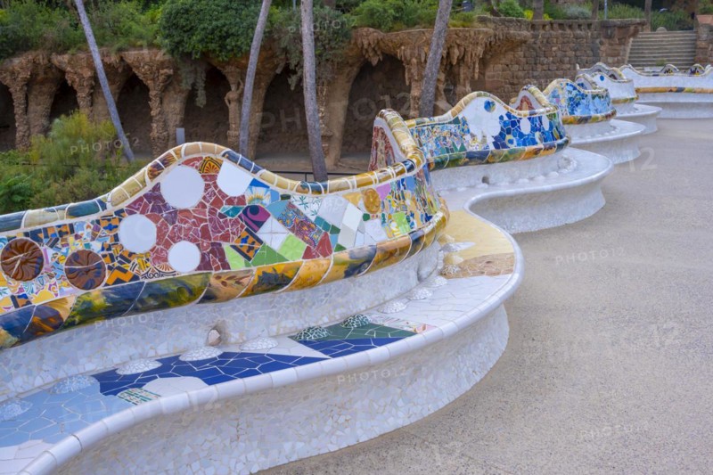 Benches with colourful mosaic