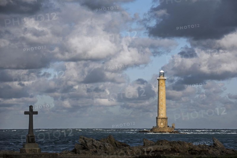 Lighthouse at the Cap de La Hague and monument in honor of the French Vendemiaire submarine crew