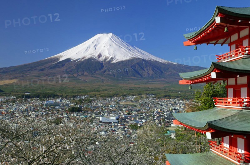Mount Fuji and five story pagoda Fujiyoshida city Yamanashi Japan