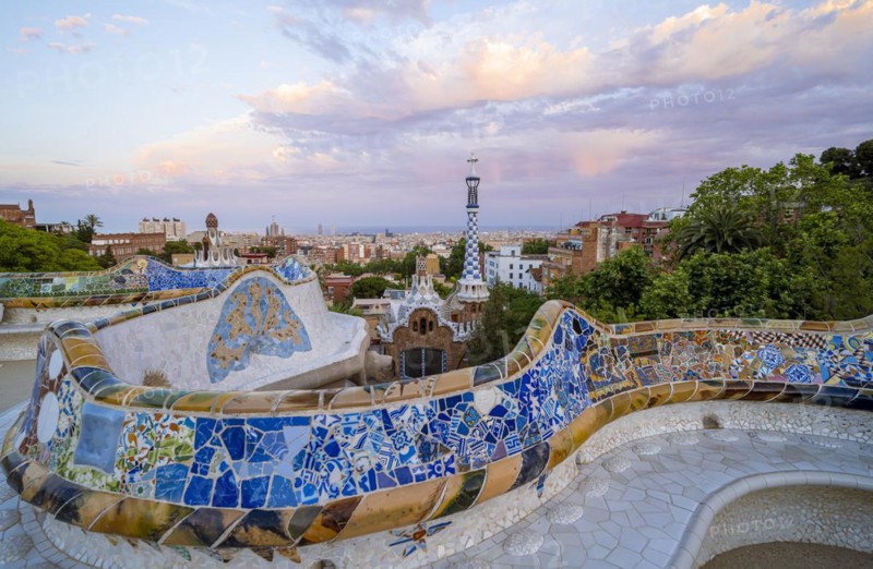 Benches with colourful mosaic