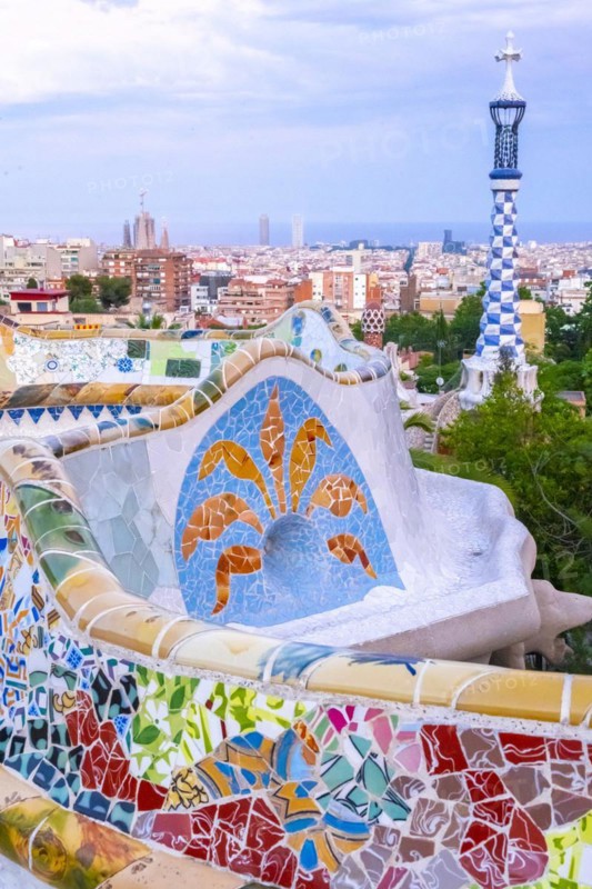 Benches with colourful mosaic
