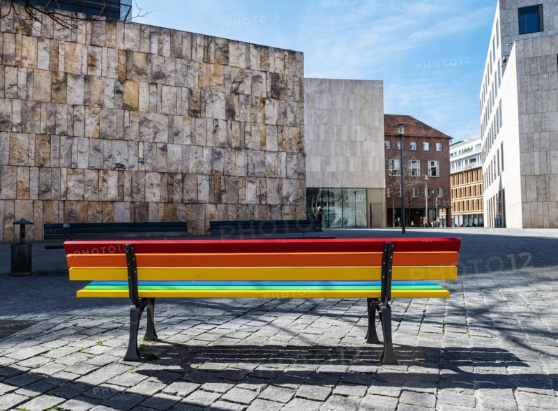 Colourful bench in front of the Ohel-Jakob-Synagogue at Jakobsplatz Munich