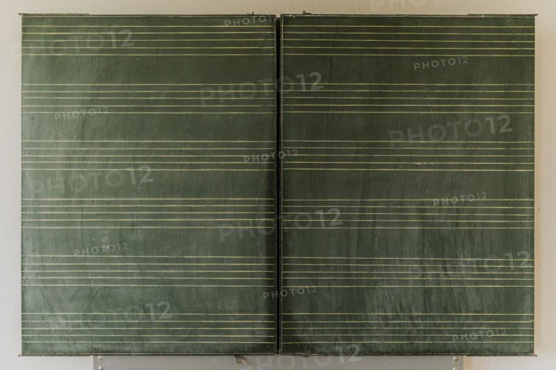 A blackboard in an empty classroom of the old primary school in Trinwillershagen