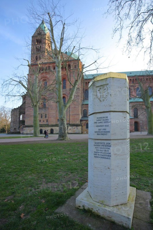 Staufer stele with inscription and monument to historic emperors and kings of the Staufer dynasty and UNESCO Cathedral