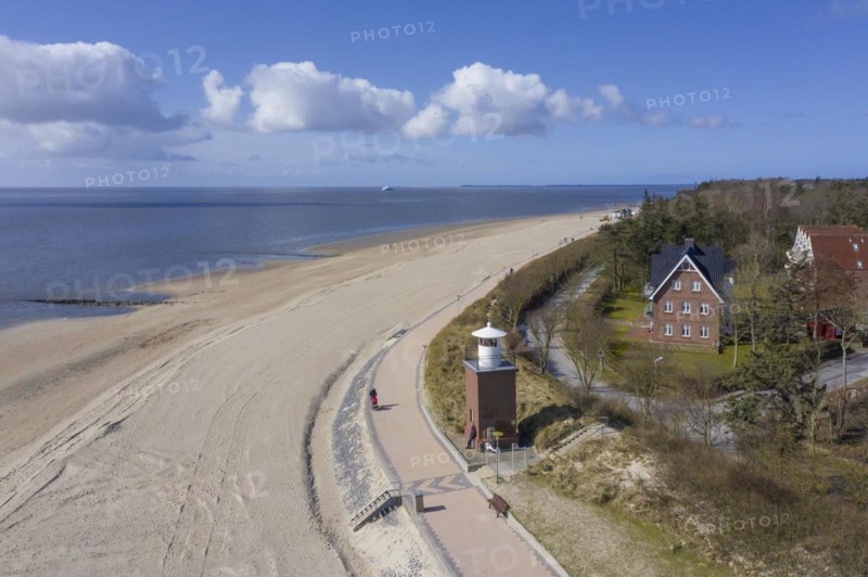 Aerial view over sandy beach and Olhoern Lighthouse at Wyk auf Foehr on the island Foehr in the Wadden Sea