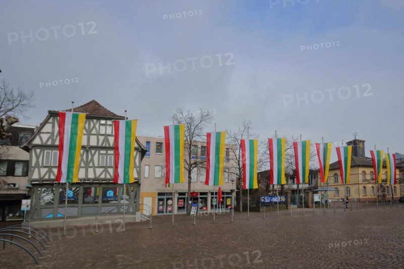Market place with flags and town hall