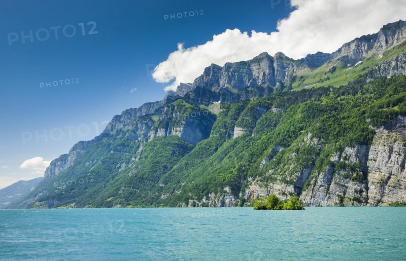 Sunny view over Lake Walen with the small chive island in the turquoise water and mountain range Schaeren and Leistchamm in the background
