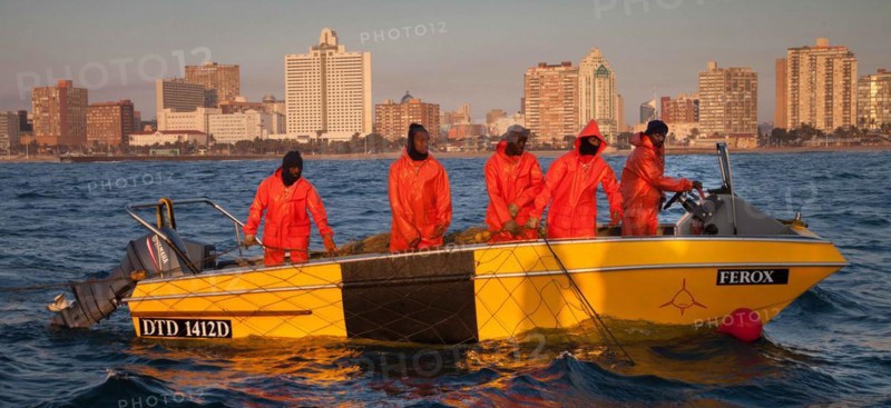 The crew of a boat sets nets to protect against sharks in the early morning off the South African city of Durban