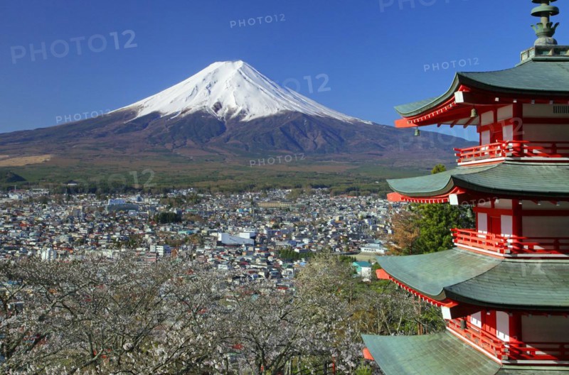 Mount Fuji and five story pagoda Fujiyoshida city Yamanashi Japan