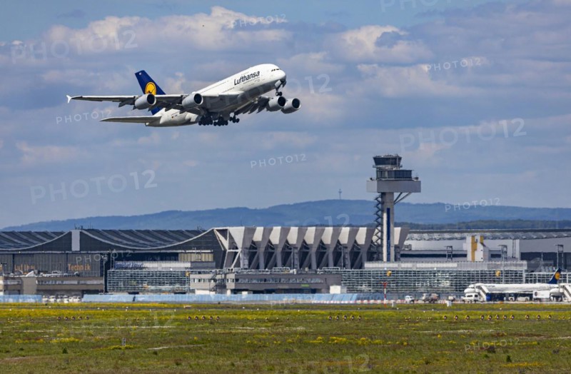 Airbus A380-800 of the airline Lufthansa taking off at Fraport Airport