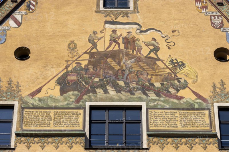 Ulm Town Hall with large facade painting of the historic Danube merchant ships