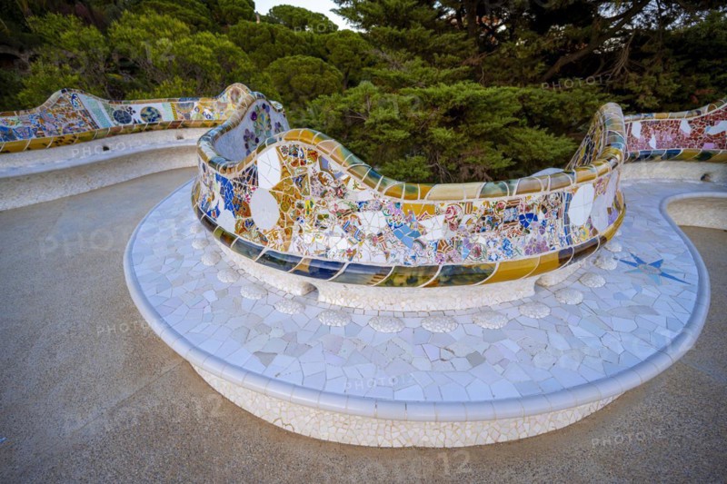Benches with colourful mosaic