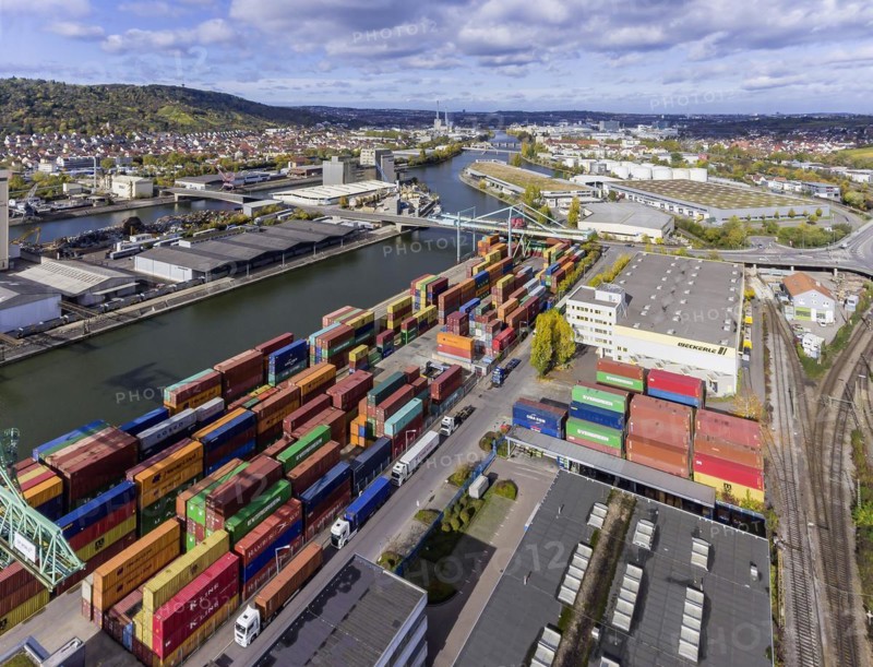 Neckar harbour with containers and rails