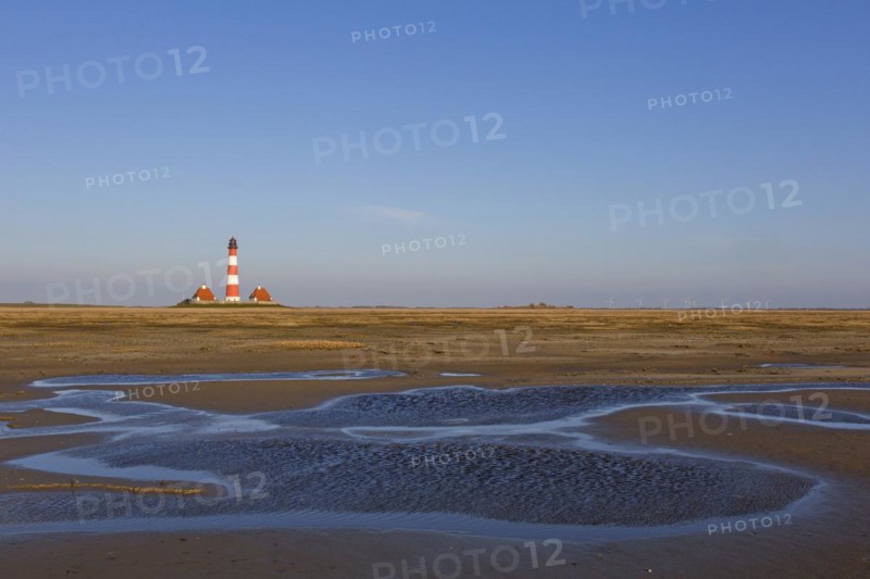 Mudflat and saltmarsh in front of the lighthouse Westerhever in spring