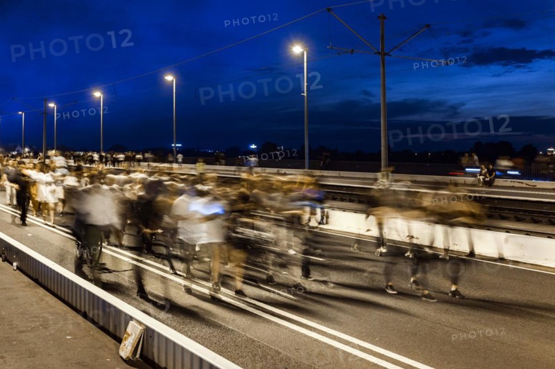 Crowds on the Oberkassel bridge after the fireworks of the Rheinkirmes
