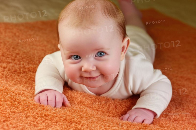 A laughing baby in a romper suit lies on an orange blanket