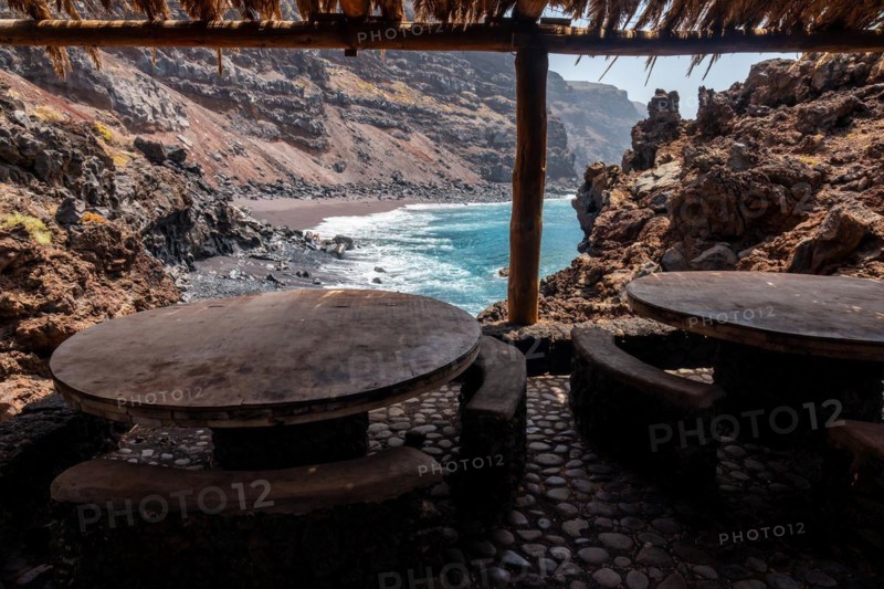Eating and barbecue areas on the Verodal beach on El Hierro Island. Canary Islands
