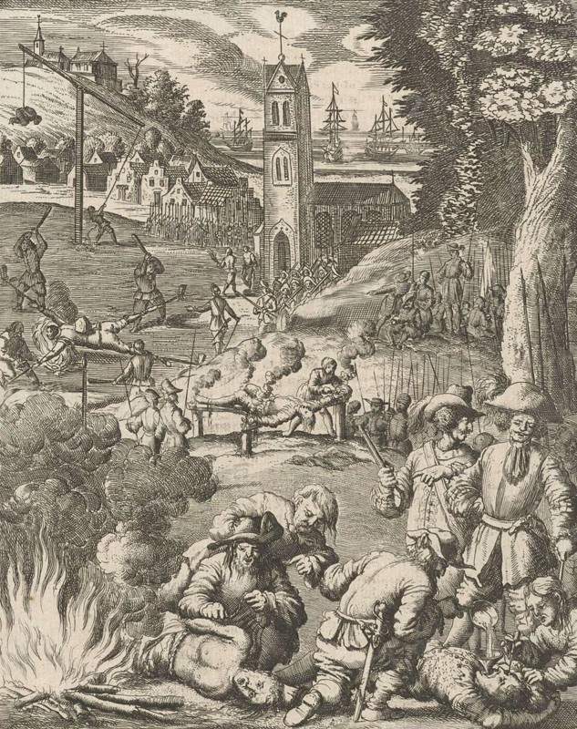 Tortured pirates under the watchful eyes of soldiers