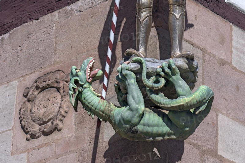 Dragon figure under the sculpture of St. George at Pilatus House from 1603