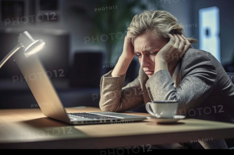Young woman sitting exhausted at a notebook