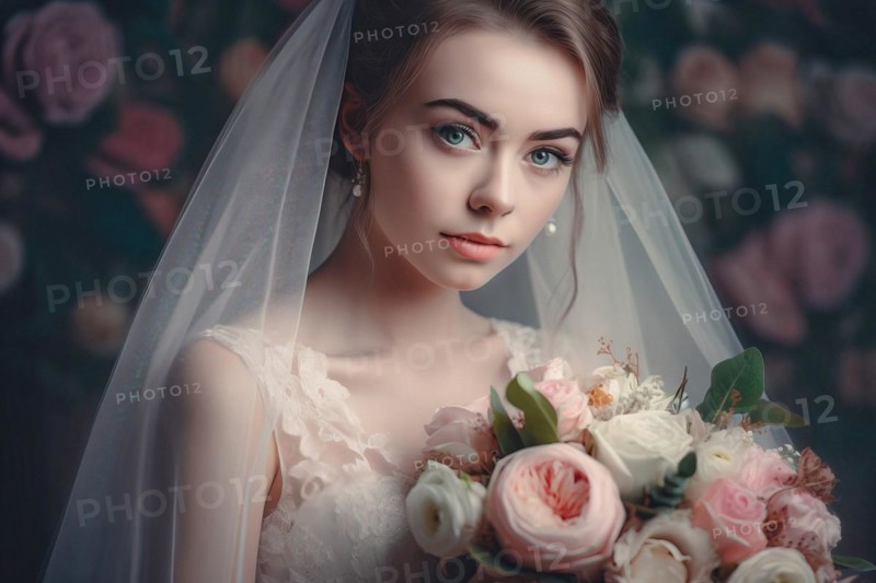 A bride in a white wedding dress holds a beautiful bridal bouquet