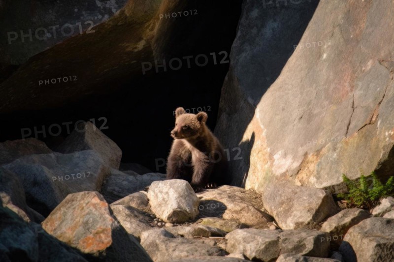 A young brown bear in front of a rocky cave