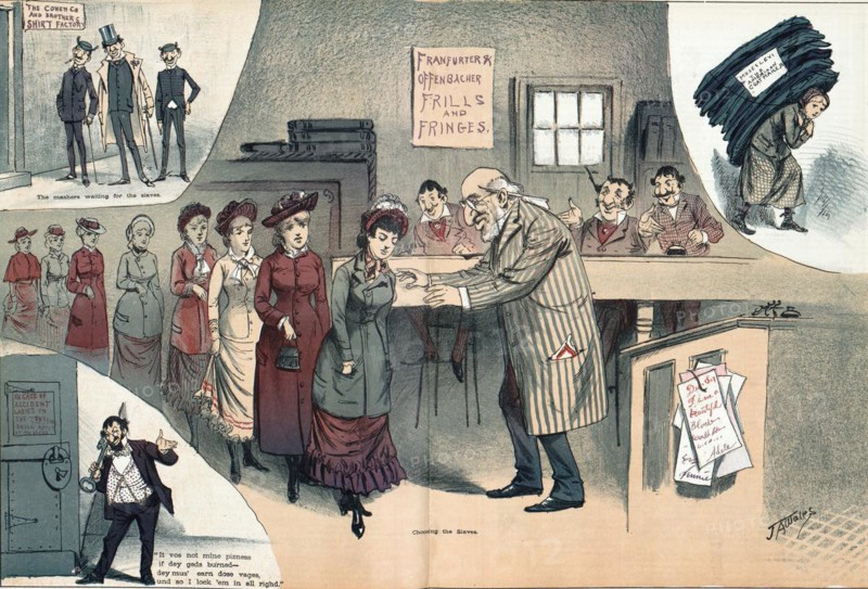 The Slaves of the Jews. The illustration shows a row of woman seeking work standing in front of a leering man