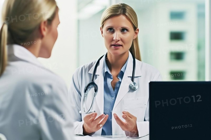 A doctor in a white coat with a stethoscope talking to a patient