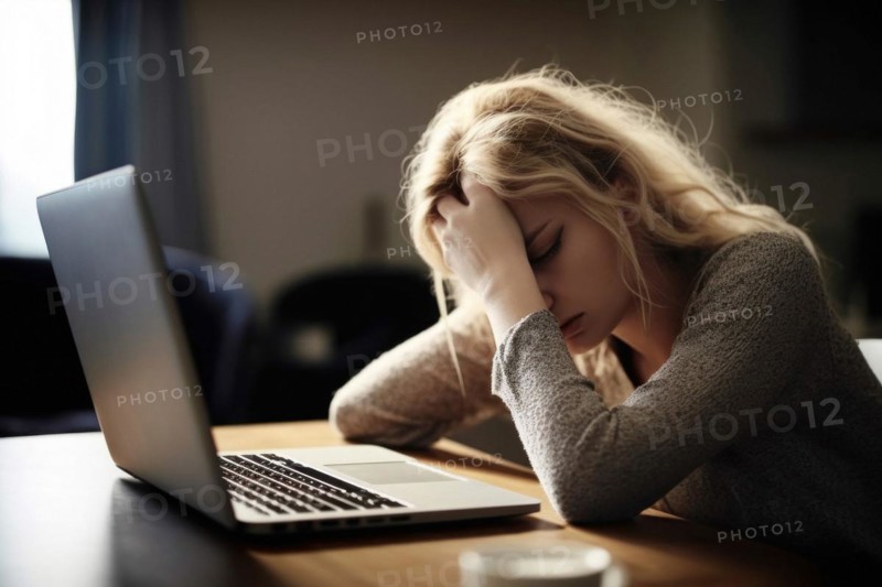 Young woman sitting exhausted at a notebook
