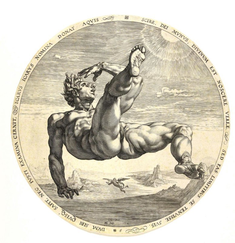 Icarus or Ikaros falls from the sky after his flight experiment fails
